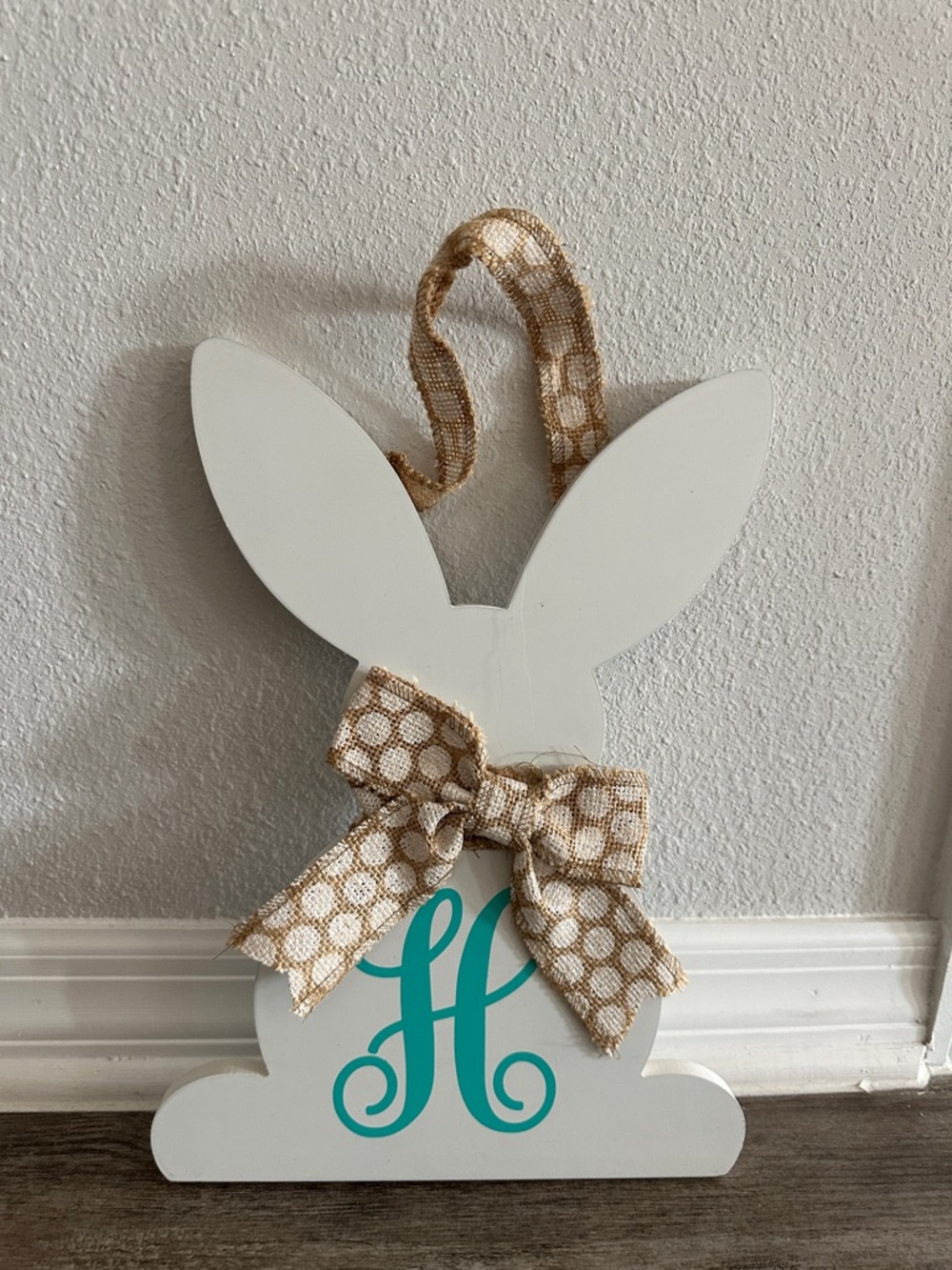 Kirklands White Wooden Bunny Decor with Teal Monogram and Burlap Bow